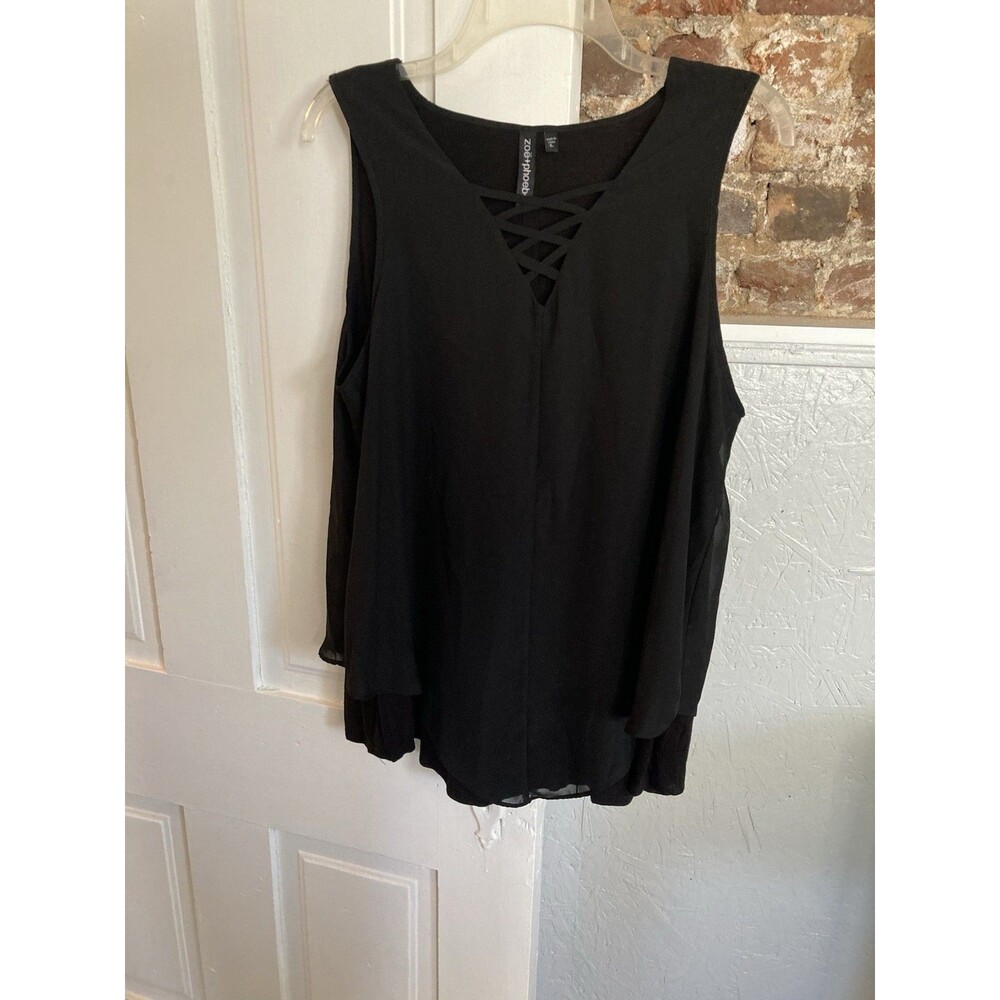 Zoe & Phoebe Top Large Black V-Neck Dressy Sleeveless Sheer Excellent Condition
